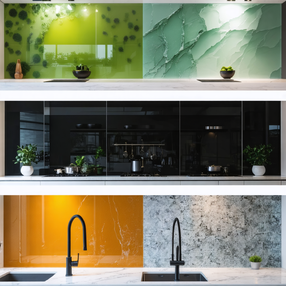 Samples of different glass splashbacks available
